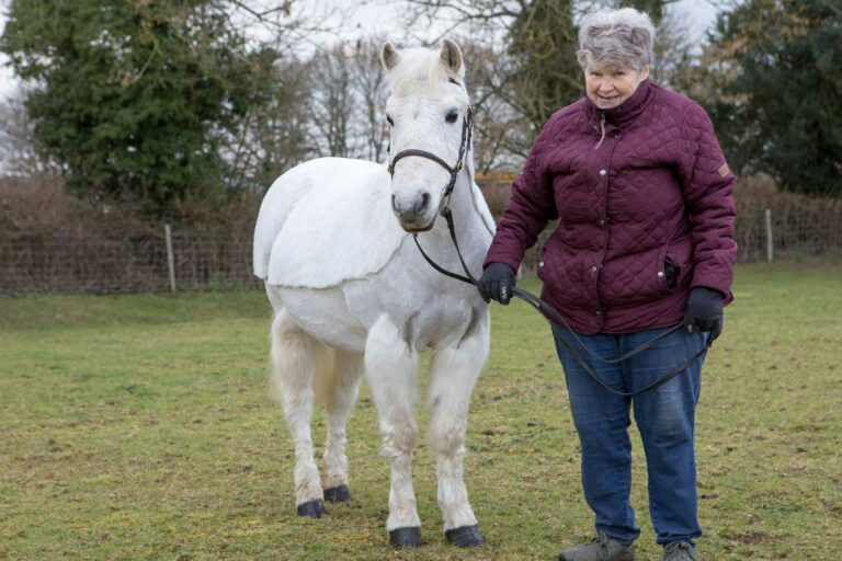 Woman standing in a field with a white horse