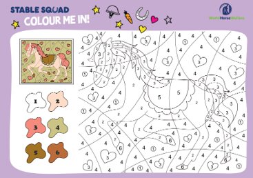 Stable Squad colour me in graphic of a horse with the Word Horse Welfare logo and a bright turquoise edging.