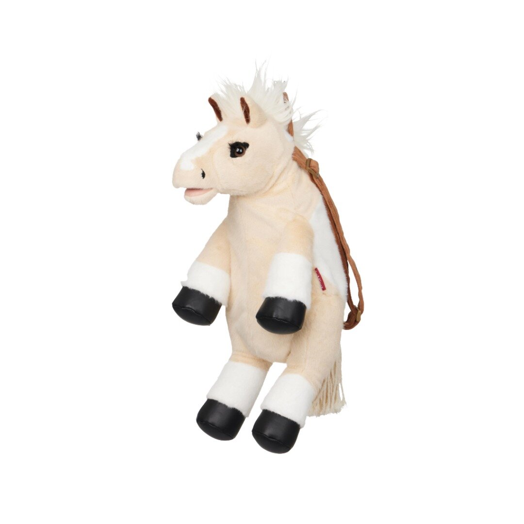 The front view of a fluffy palomino and white horse backpack with brown straps.